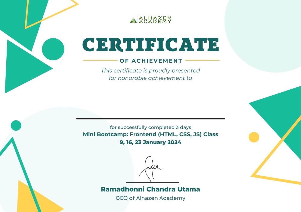 Certificate of Completion Mini Bootcamp Front End
