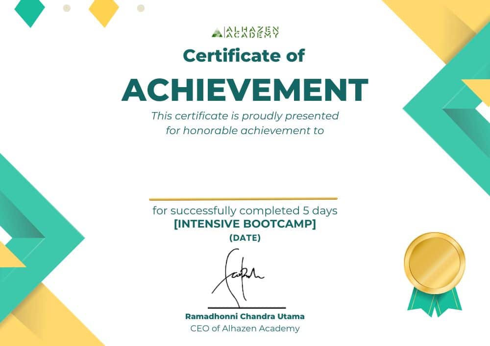 Contoh sertifikat intensive bootcamp di Alhazen Academy